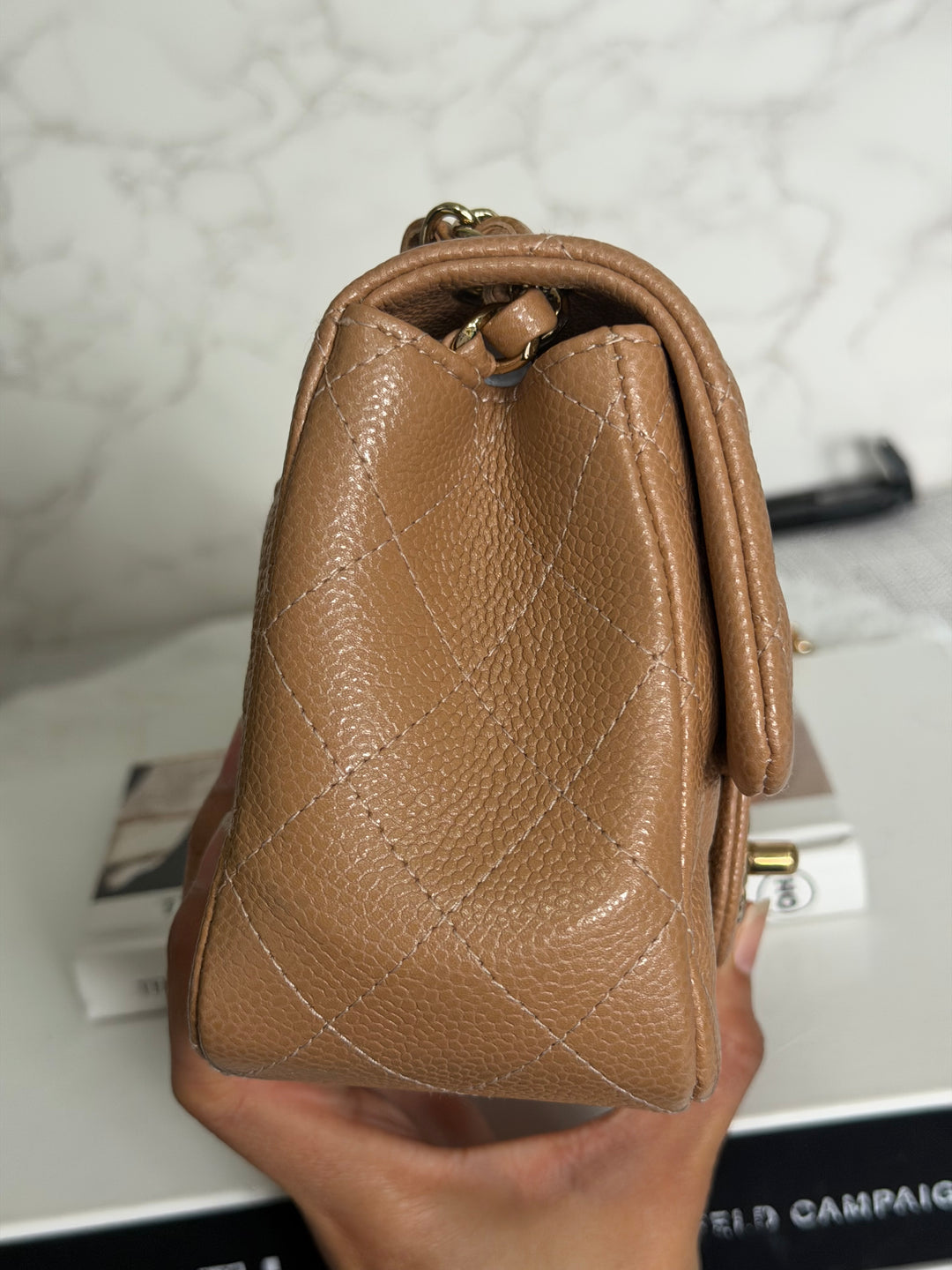CHANEL 18S series 25 Dark Beige Caviar LGHW Square Mini Flap Bag 2018 Rare
