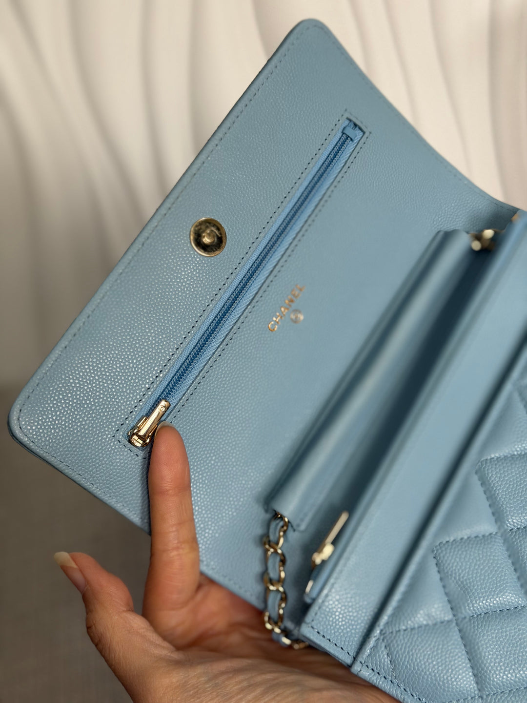 CHANEL 22S Collection 2022 Baby Blue/ Light Blue Caviar LGHW Classic Wallet on chain (WOC)