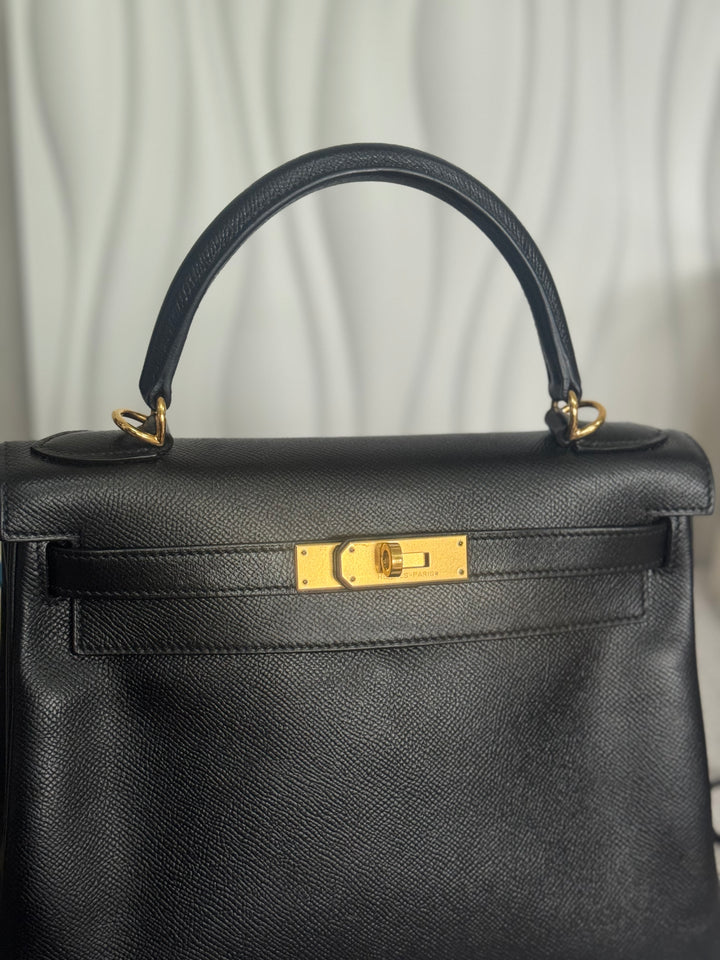 Hermes Noir/Black Epsom Leather GHW Kelly 28 stamp N 2010