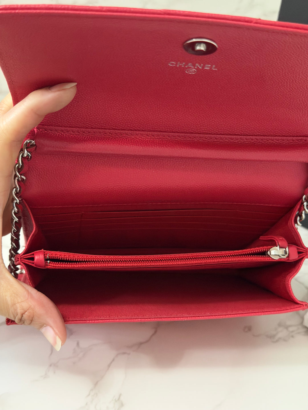 CHANEL series 25 2018 Dark pink chevron caviar SHW Square Wallet On Chain (WOC)