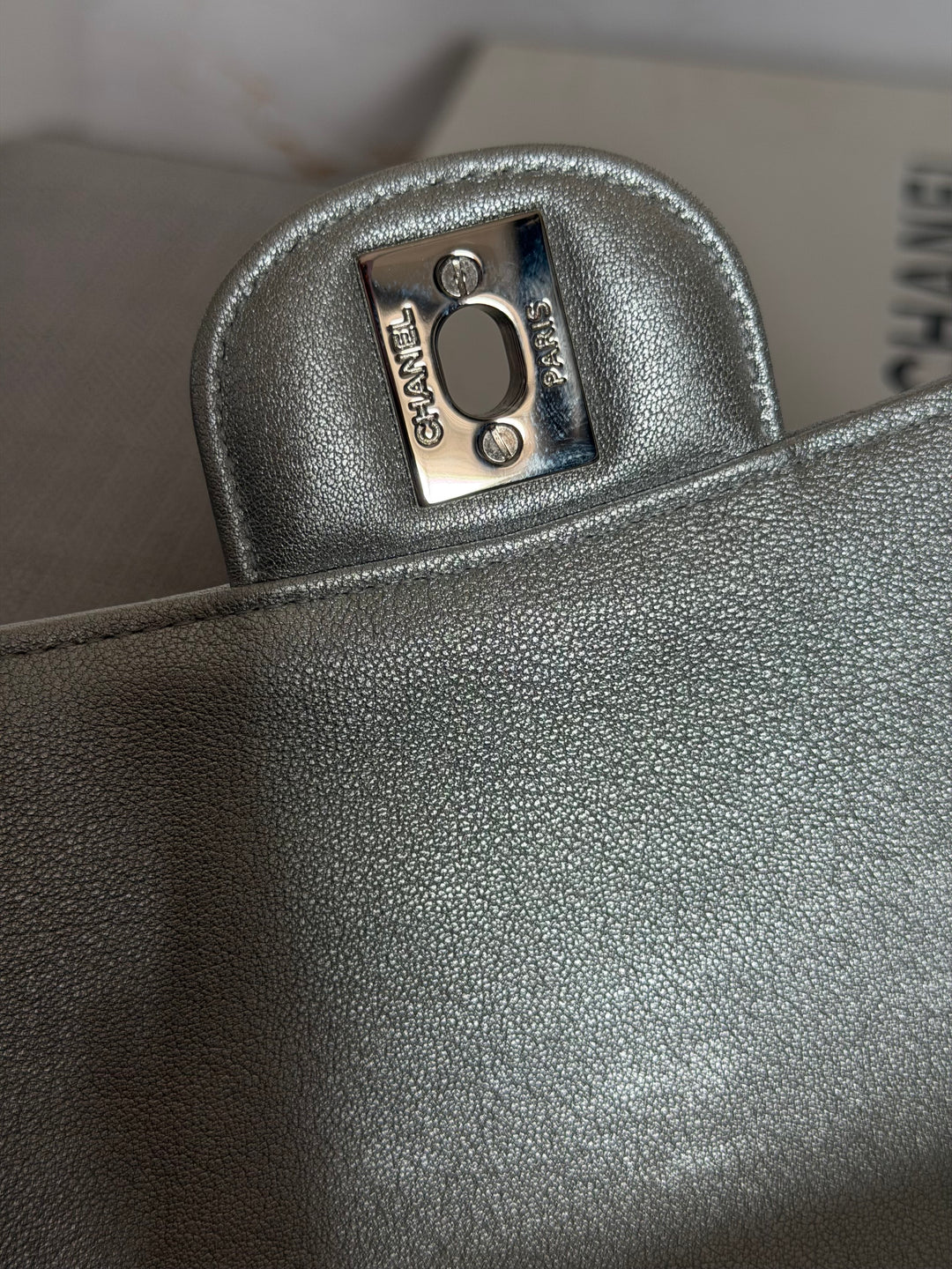 CHANEL Metallic Silver Lambskin SHW Square Mini Flap Bag 2021 21P collection series 31