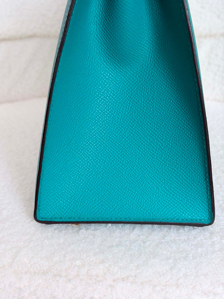 HERMÈS Kelly 28 Epsom Leather Sellier Special Order Bleu Paon GHW Stamp D 2019