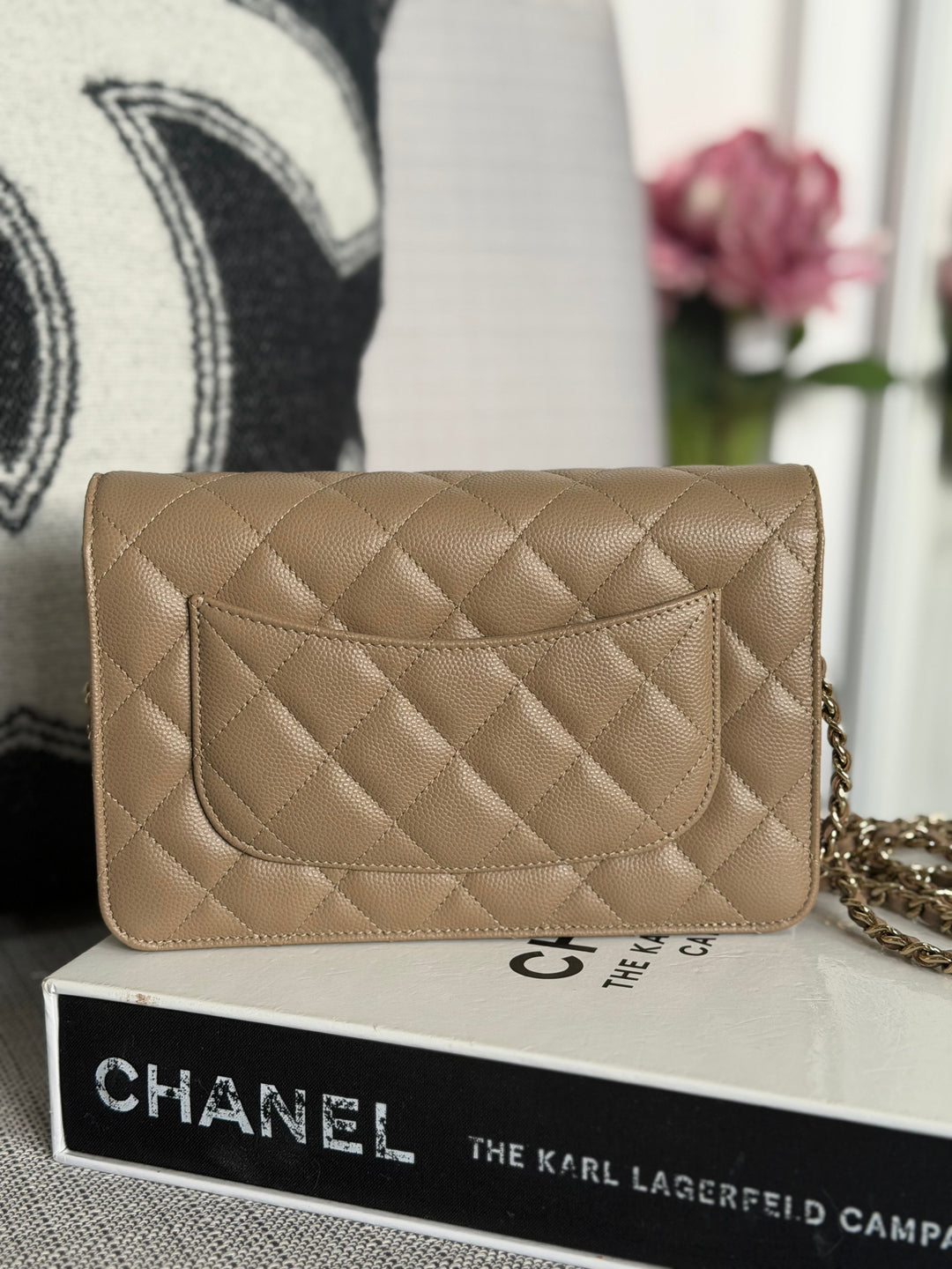 CHANEL 22A Dark Beige Caviar LGHW Classic Wallet on chain (WOC) 2023
