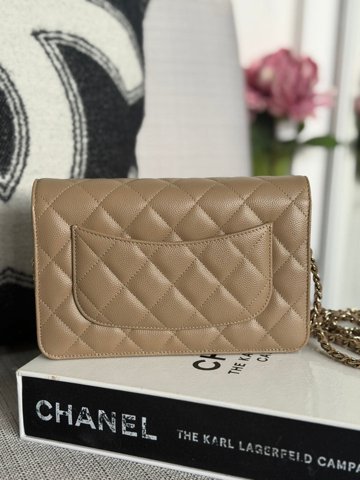 CHANEL 22A Dark Beige Caviar LGHW Classic Wallet on chain (WOC) 2023