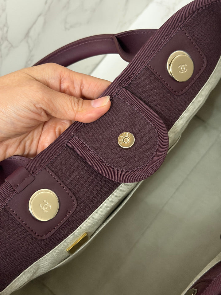 Chanel 24B Collection 2024 Burgundy Tweed Deauville Tote with Leather top handle size small and Detachable pouch