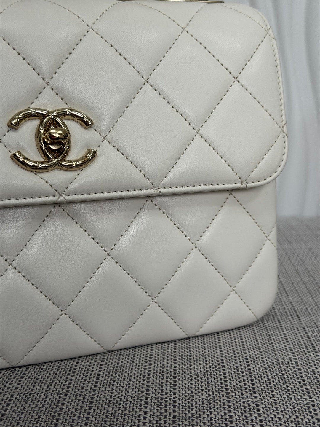 CHANEL 23S collection 2023 White Lambskin LGHW Trendy CC Flap Bag size Small with raised CHANEL Engraved Plate Top Handle
