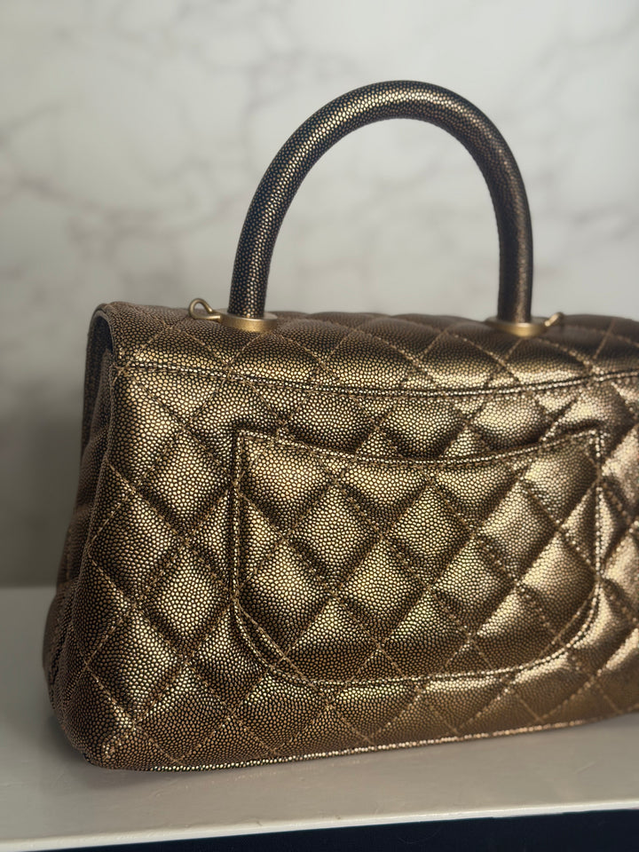 CHANEL series 28 19A Metallic Bronze Gold Caviar Aged GHW Coco Handle Flap Bag size SMALL with detachable shoulder strap 2019