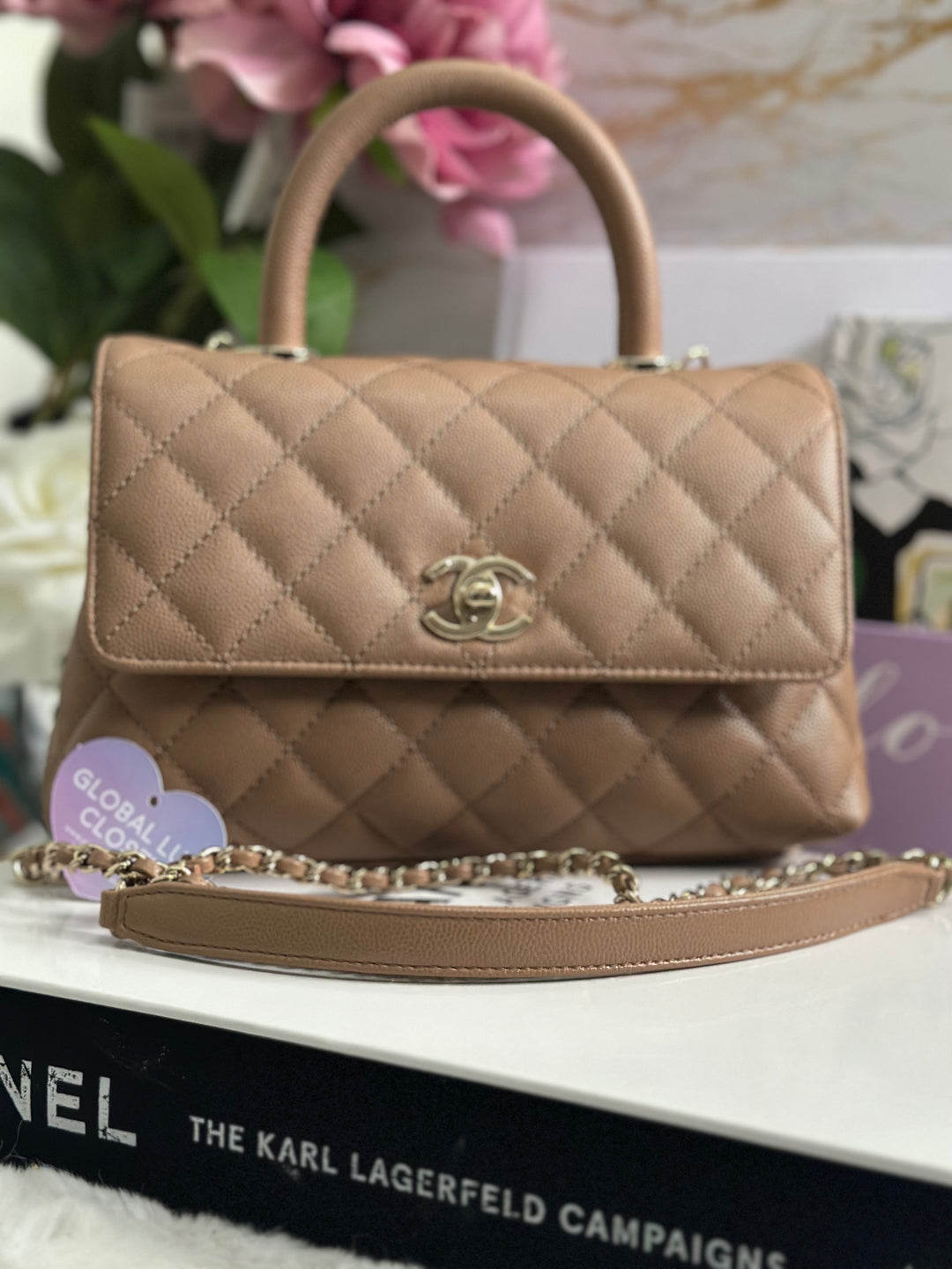 Chanel 22K Pre Fall/Winter 2022 Dark Beige Caviar LGHW Coco Handle Size Small with detachable strap