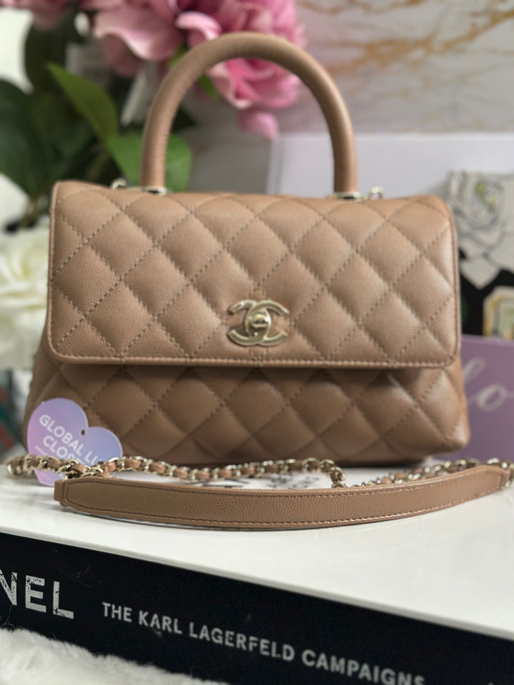 Chanel 22K Pre Fall/Winter 2022 Dark Beige Caviar LGHW Coco Handle Size Small with detachable strap