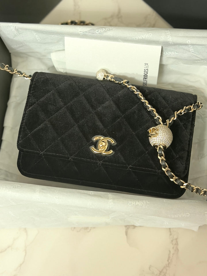 CHANEL 2025 Black Velvet Crystal Pearl Crush Adjustable Strap Wallet on Chain (WOC)