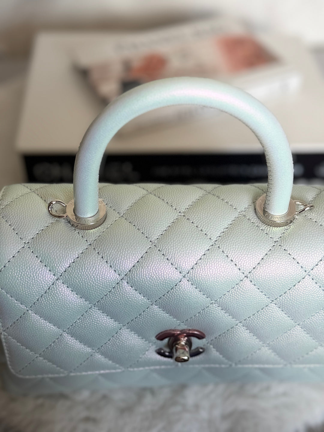 CHANEL 21K iridescent Light Blue Caviar Rainbow and shiny SHW Coco Handle Flap Bag size Small 2021