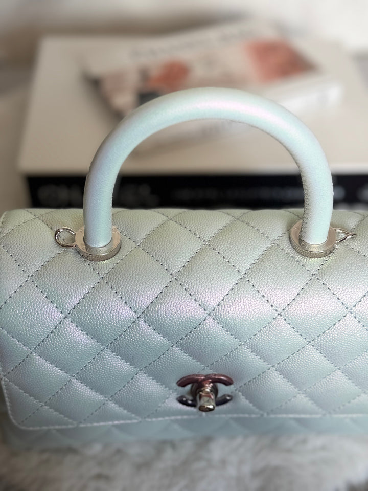 CHANEL 21K iridescent Light Blue Caviar Rainbow and shiny SHW Coco Handle Flap Bag size Small 2021