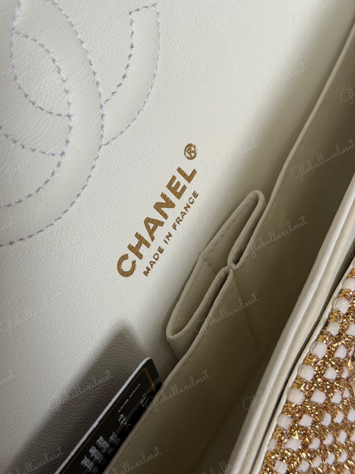 CHANEL series 17 Beige/Ivory Gold Tweed Medium ML Timeless Classic Double Flap Bag 2012 with LGHW