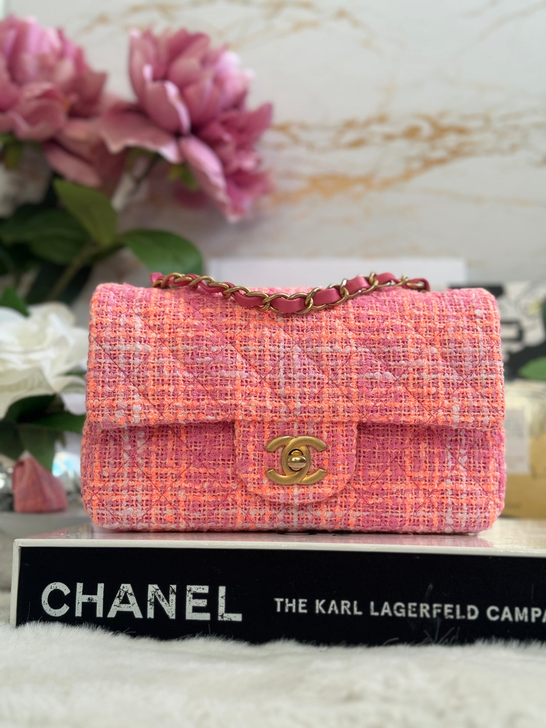 Chanel 24C 2024 Cruise Collection Tweed Pink Orange White Mini Rectangular Flap Bag with Aged GHW