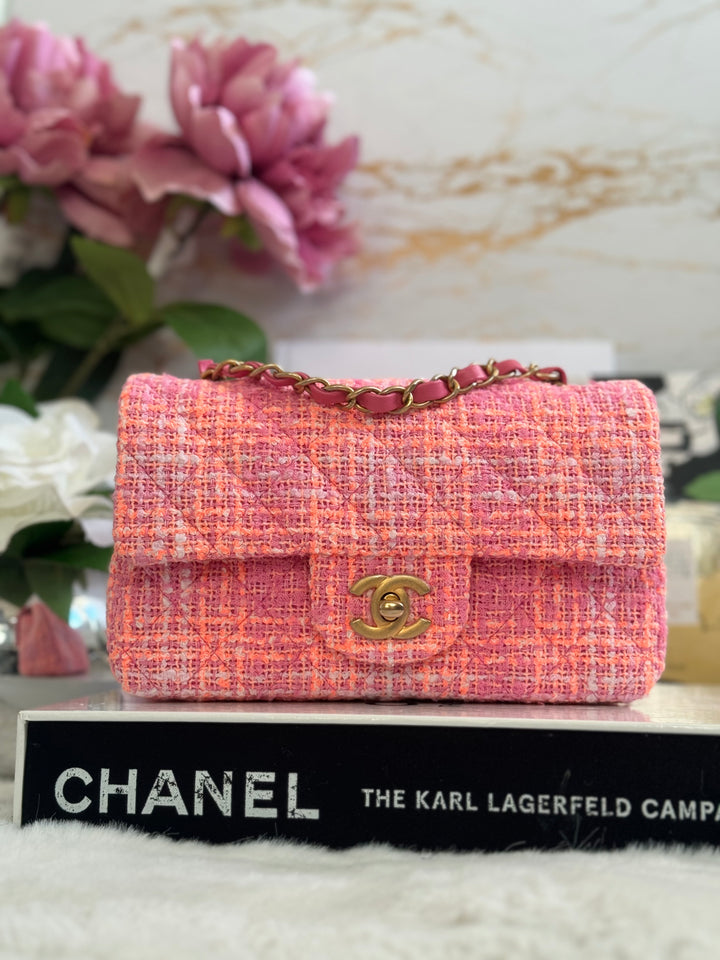 Chanel 24C 2024 Cruise Collection Tweed Pink Orange White Mini Rectangular Flap Bag with Aged GHW