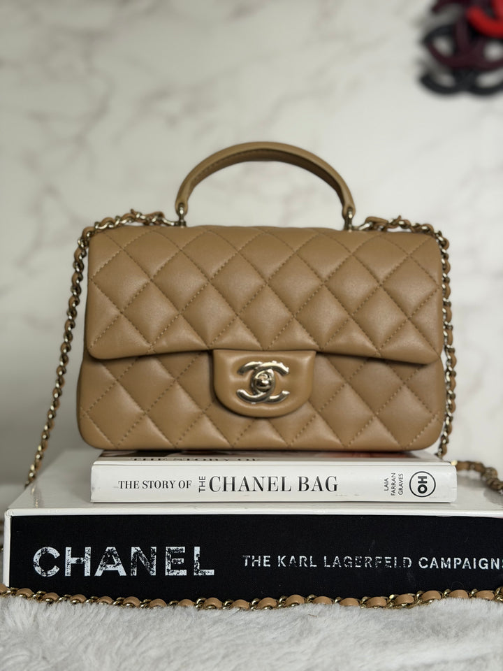 CHANEL Dark Beige Lambskin LGHW Mini Rectangular Flap Bag with Top Handle 2023
