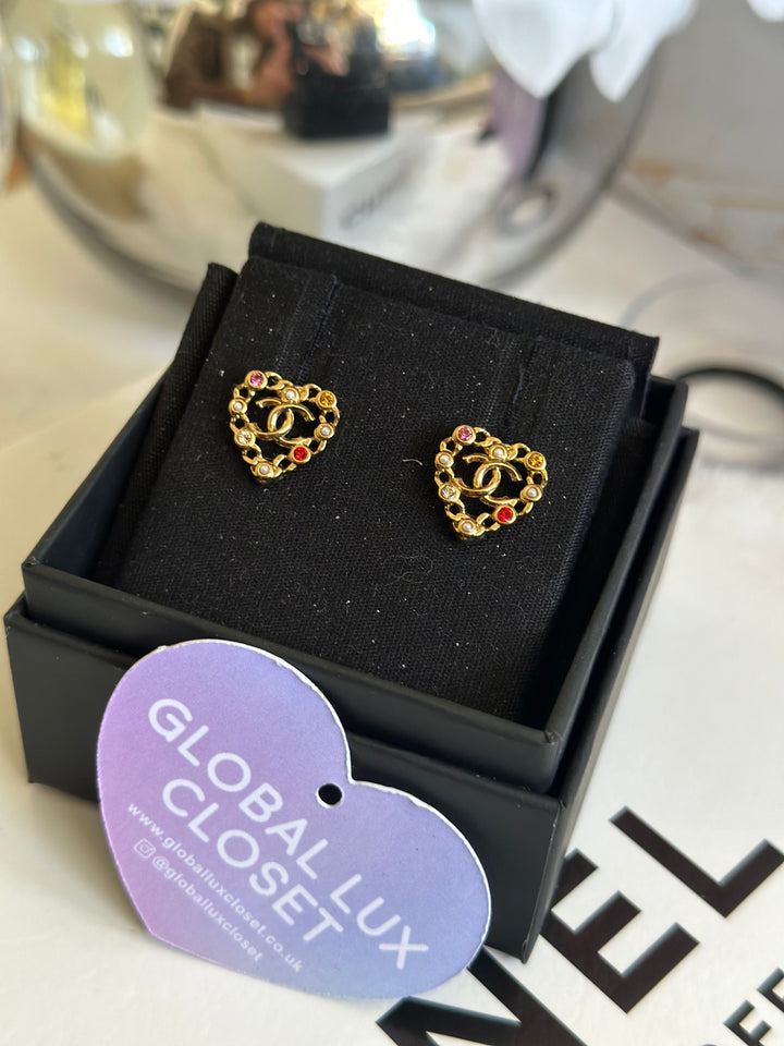 Chanel 21A Heart Multi coloured gems Gold tone earrings