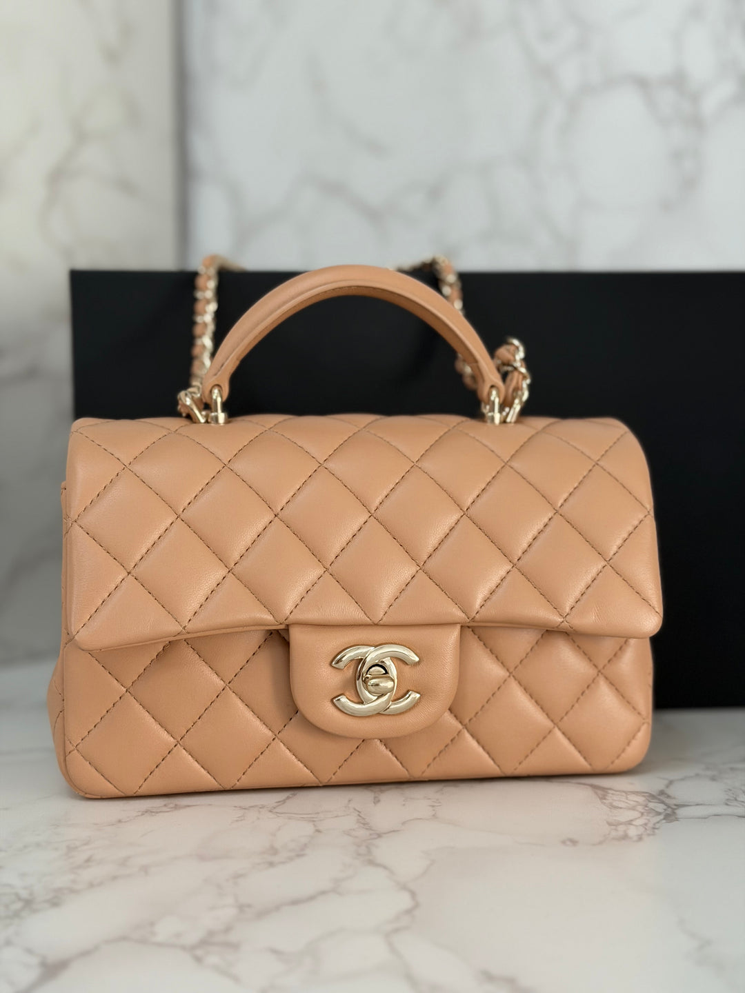 CHANEL 23K 2023 Dark Beige NR649 Lambskin LGHW Mini Rectangular Flap Bag with Top Handle