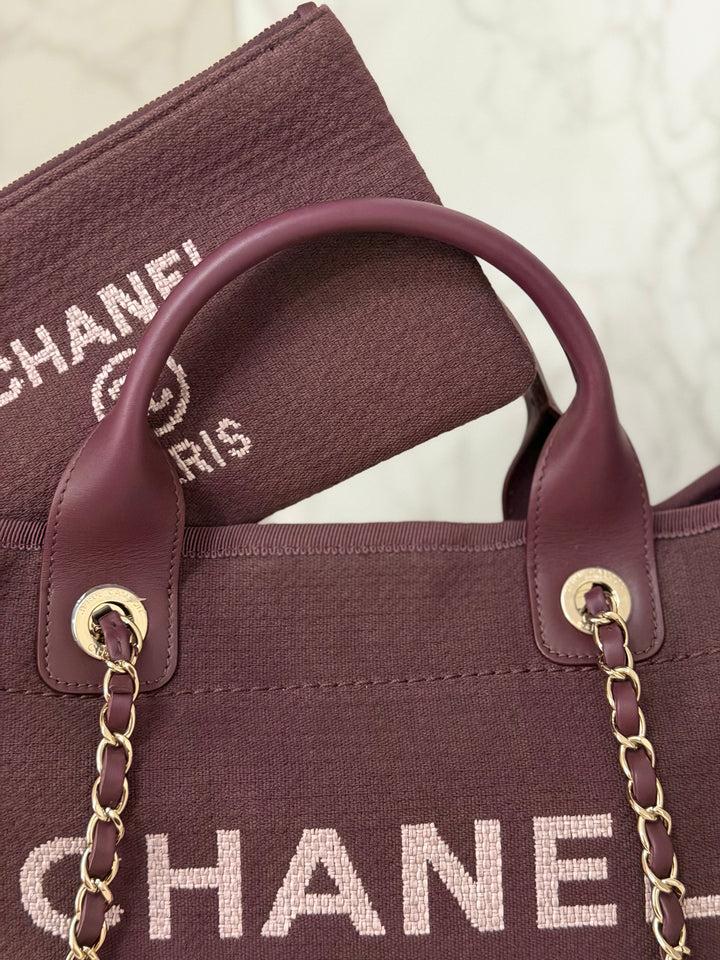 Chanel 24B Collection 2024 Burgundy Tweed Deauville Tote with Leather top handle size small and Detachable pouch