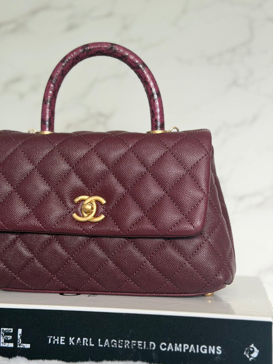 CHANEL series 26 Burgundy Caviar Aged GHW Coco Handle Flap Bag size SMALL with Pink sea snake handle 2018