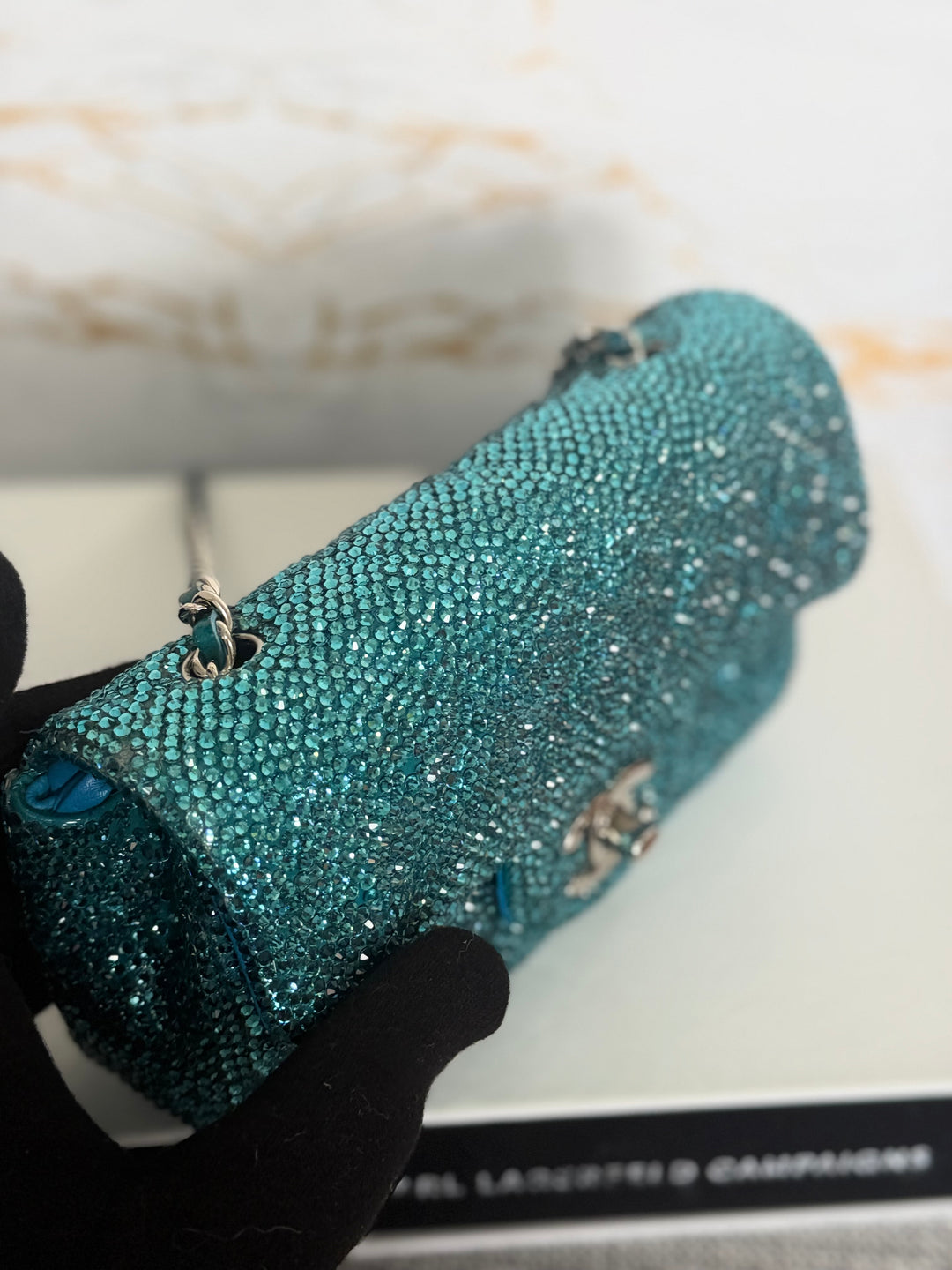 CHANEL series 21 Turquoise Teal Green Blue Diamanté Swarovski Crystal Strasssd Extra Mini Flap Bag with SHW *unicorn* RARE