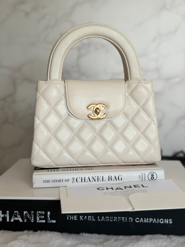 CHANEL White Calf skin Aged GHW Kelly Shopping Bag Size Small 2026