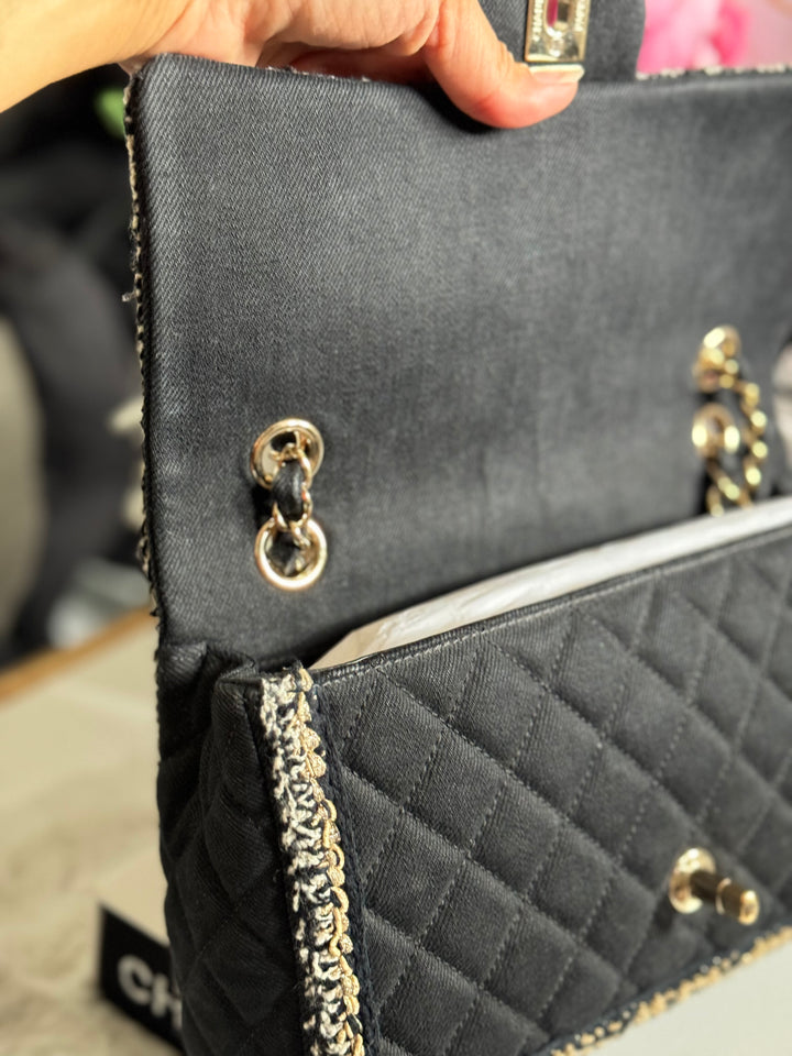 Chanel series 26 Black Denim LGHW Braided in Gold/White/Black Medium Flap Bag