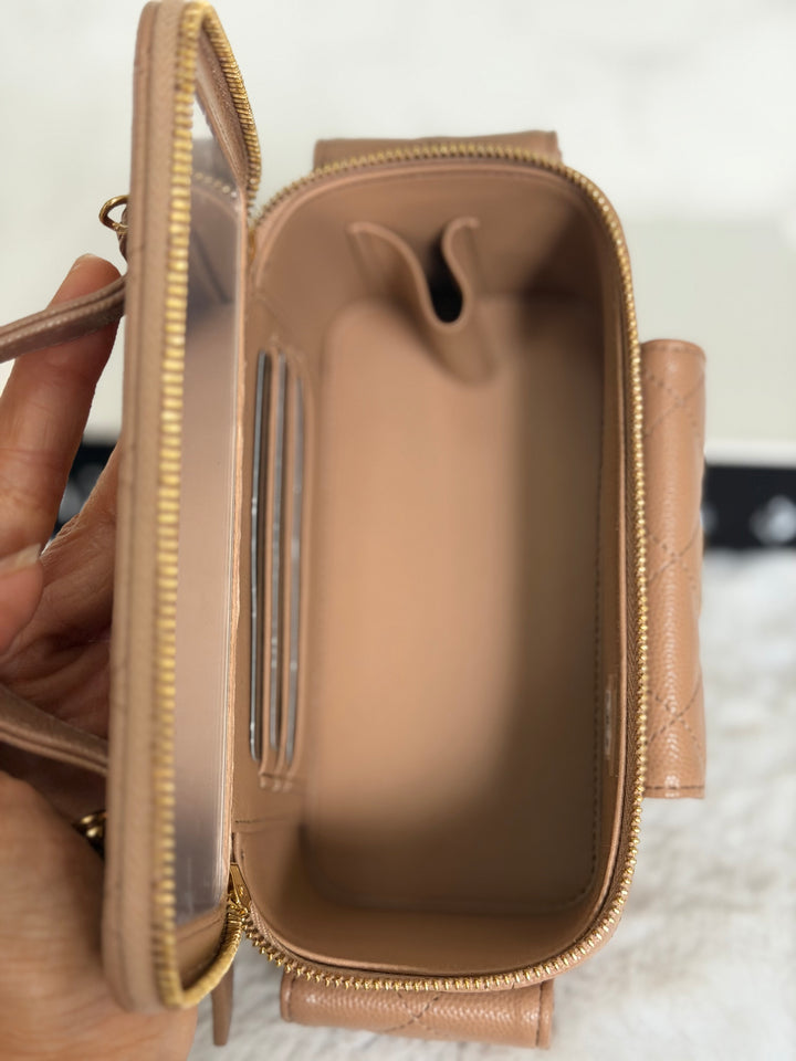 CHANEL Dark Beige Caviar Cargo Polly Pocket Vanity Case with Top Handle GHW 2023