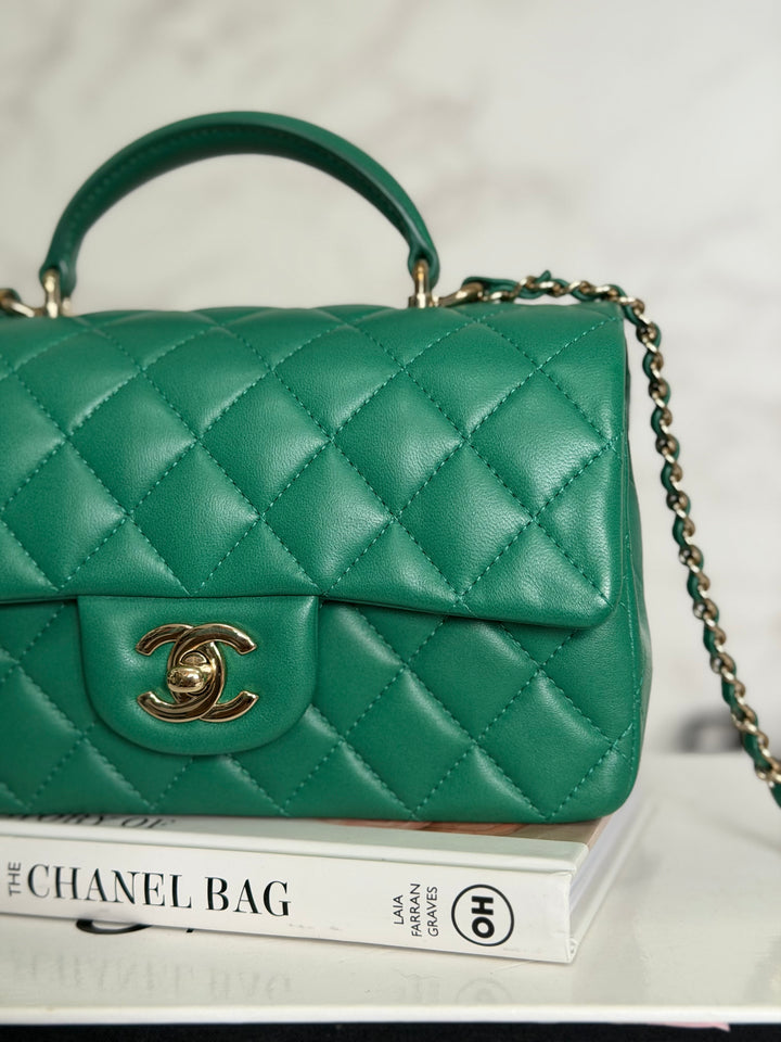 CHANEL Green Lambskin LGHW Mini Rectangular Flap Bag with Top Handle 2022 22A collection