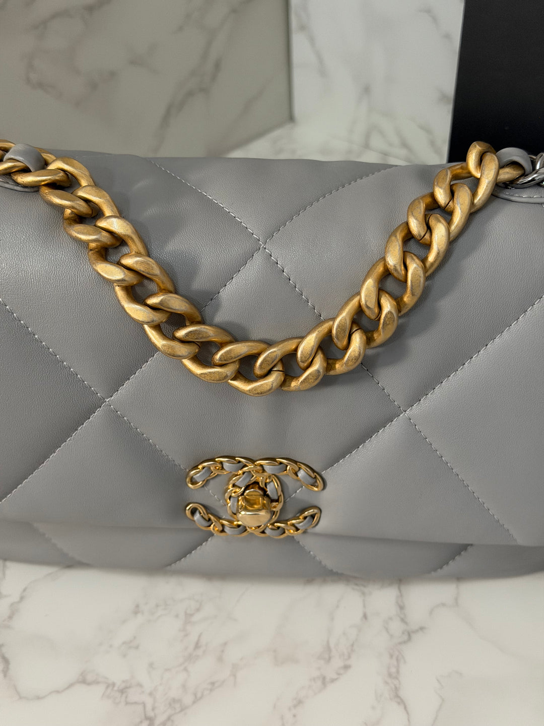 CHANEL 19 size Small Grey Lambskin Mixed Hardware 21B 2021 Flap Bag with Top Handle