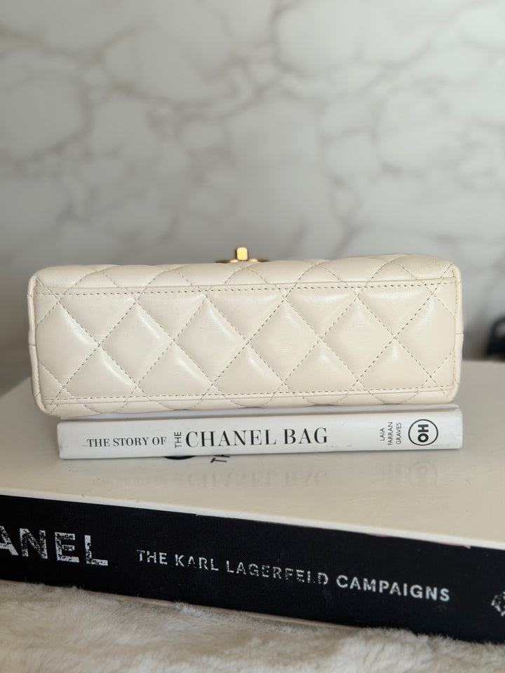 CHANEL White Calf skin Aged GHW Kelly Shopping Bag Size Small 2026