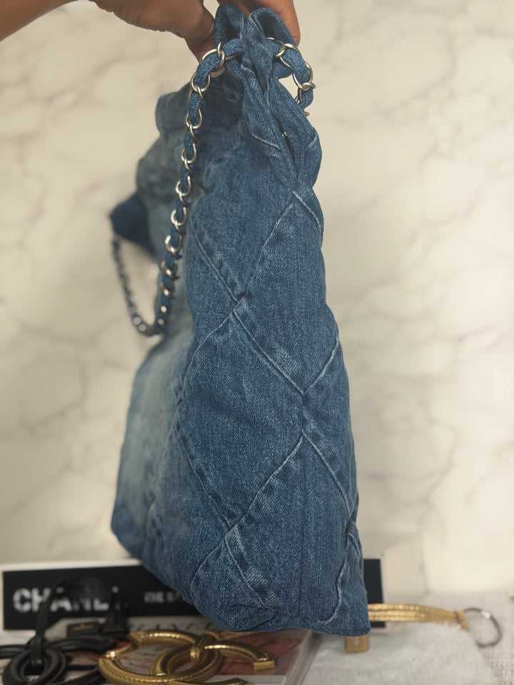 CHANEL Denim 22 Hobo Bag size Medium SHW with detachable pouch 2022