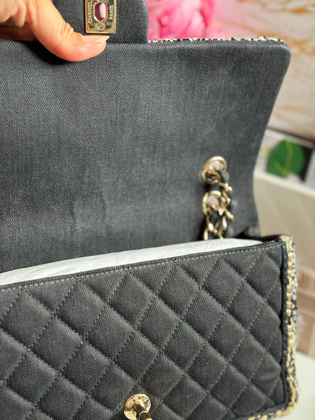 Chanel series 26 Black Denim LGHW Braided in Gold/White/Black Medium Flap Bag