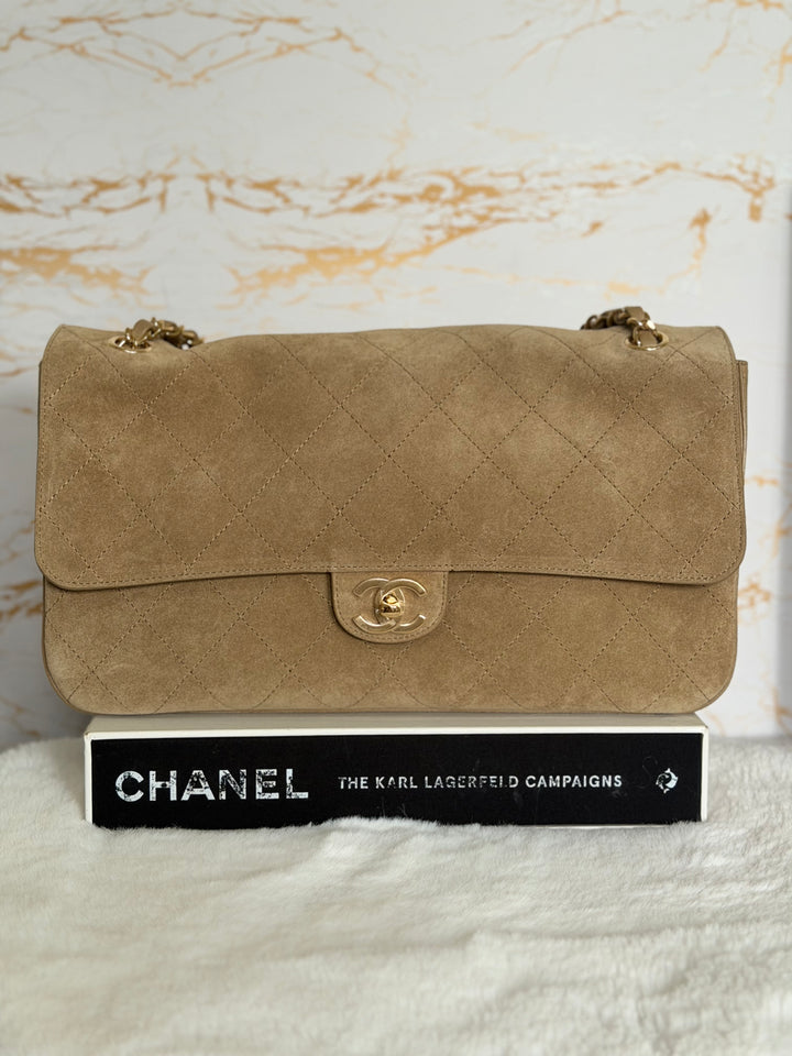 CHANEL 26S Beige Suede Leather LGHW Maxi Flap Bag 32 cms