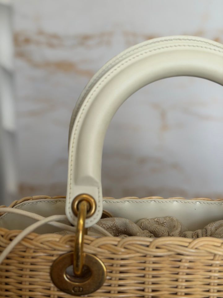 DIOR Lady Dior White/Gold Wicker Bag size SMALL with Guitar Strap