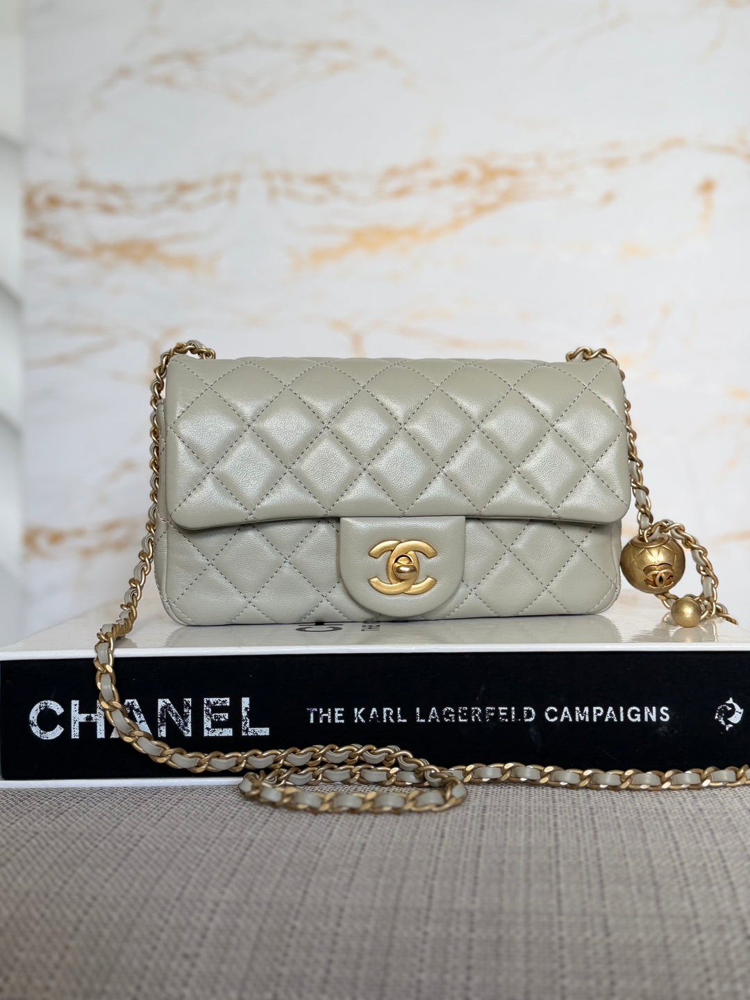 CHANEL Grey Lambskin Aged GHW Pearl Crush Adjustable Chain Mini Rectangular Flap Bag 2021