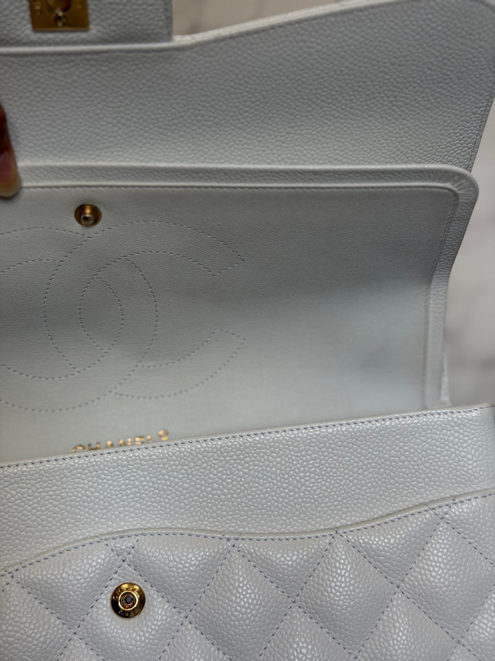 CHANEL White Caviar GHW Jumbo Double Flap Classic Bag 2010