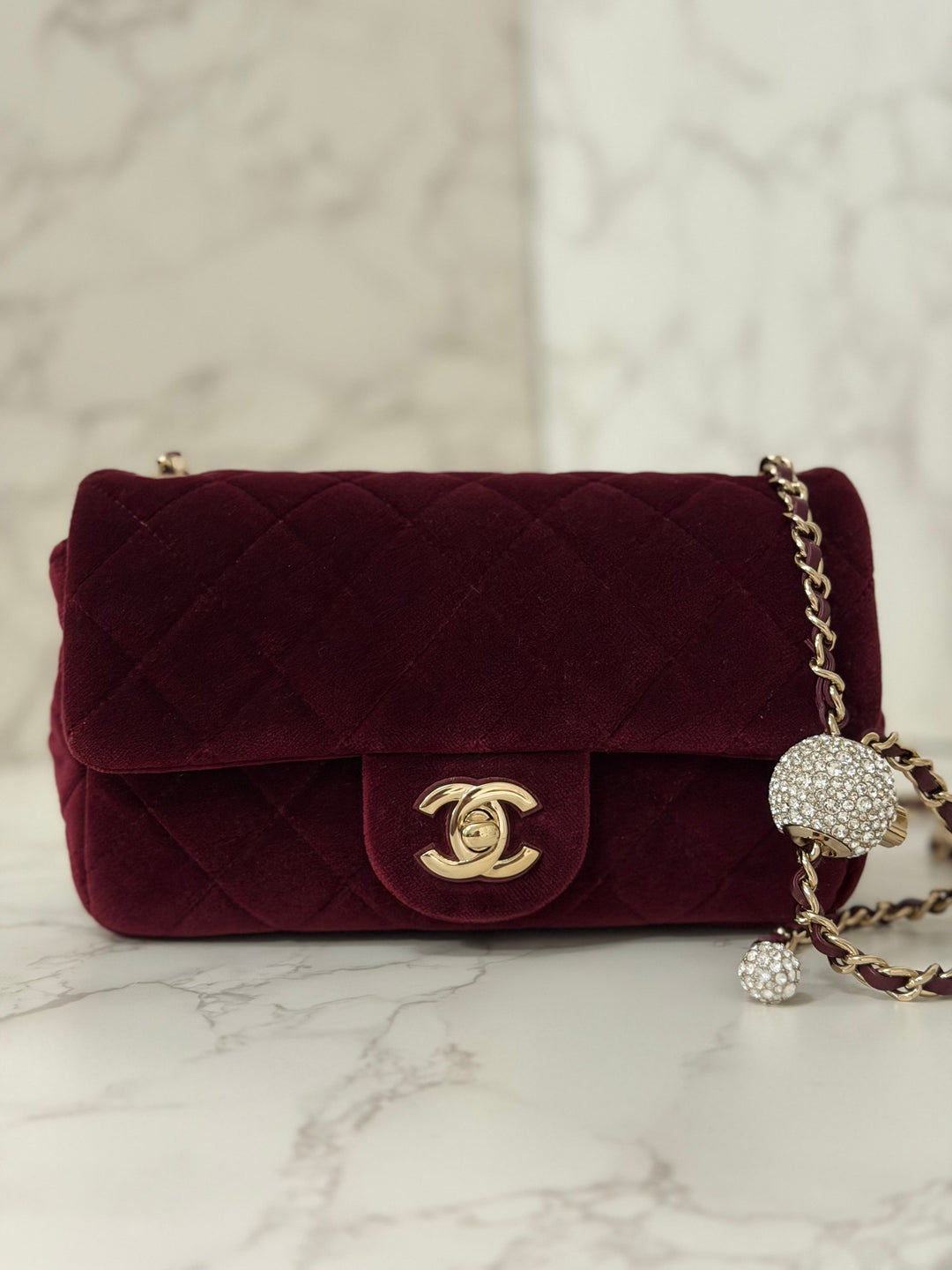 CHANEL series 31 Burgundy Dark Red Velvet Crystal Pearl Crush Adjustable Strap Mini Rectangular Flap Bag 2020/2021