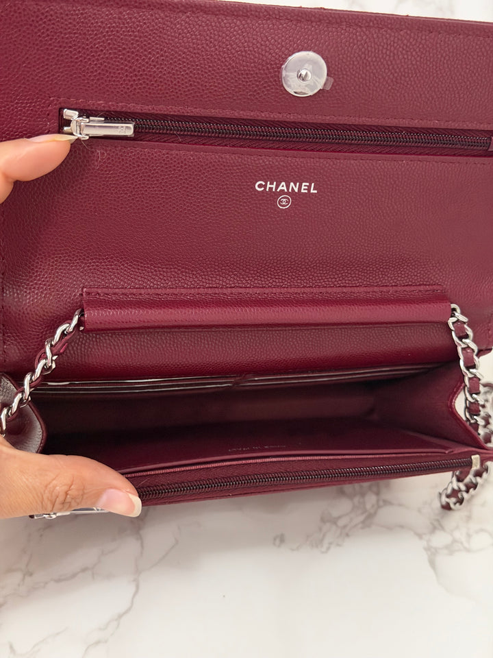 CHANEL 2024 Burgundy Caviar SHW Classic Wallet on chain (WOC) with crystal CC Logo