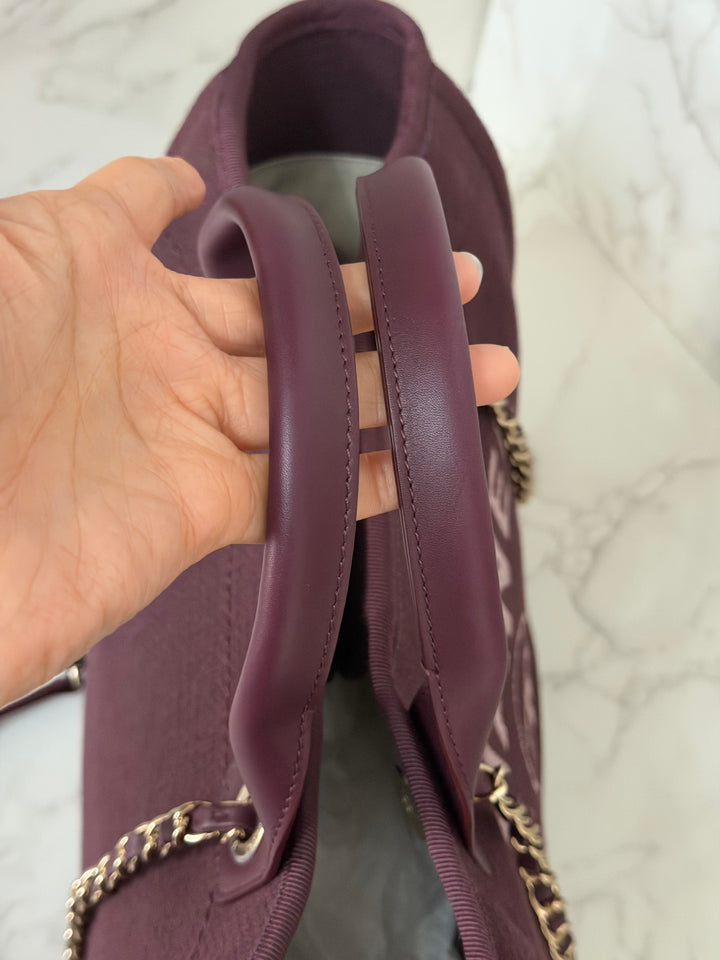 Chanel 24B Collection 2024 Burgundy Tweed Deauville Tote with Leather top handle size small and Detachable pouch