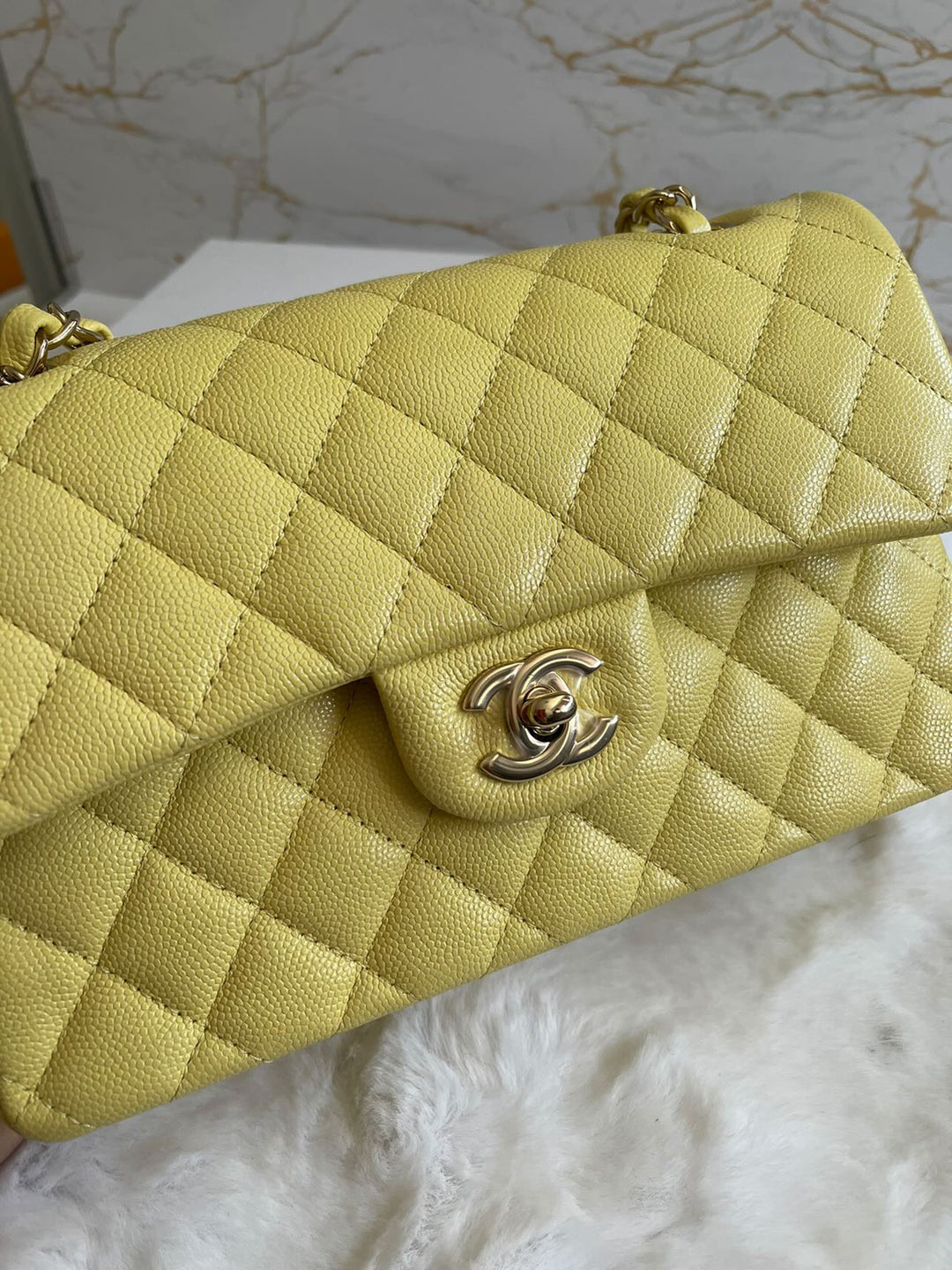 Chanel 20S 2020 Spring/Summer Collection Yellow Caviar LGHW Small Timeless Classic Double Flap Bag