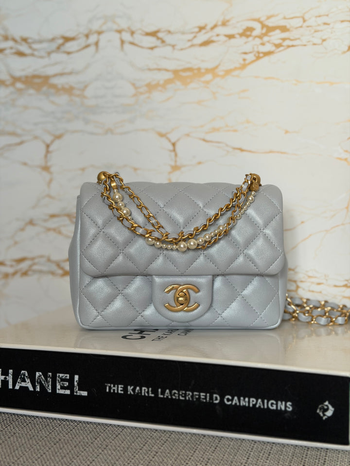 CHANEL Pearl Twist Pearly Light Blue Lambskin Mini Flap Bag 2023