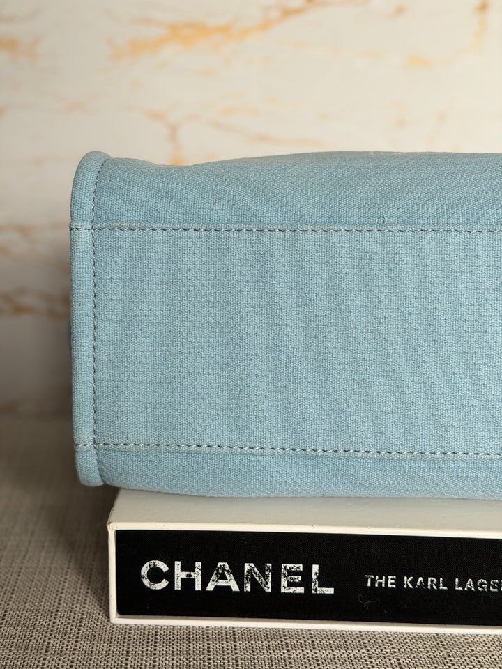 CHANEL Blue Tweed Deauville Tote Bag size SMALL with leather top handle SHW 2022