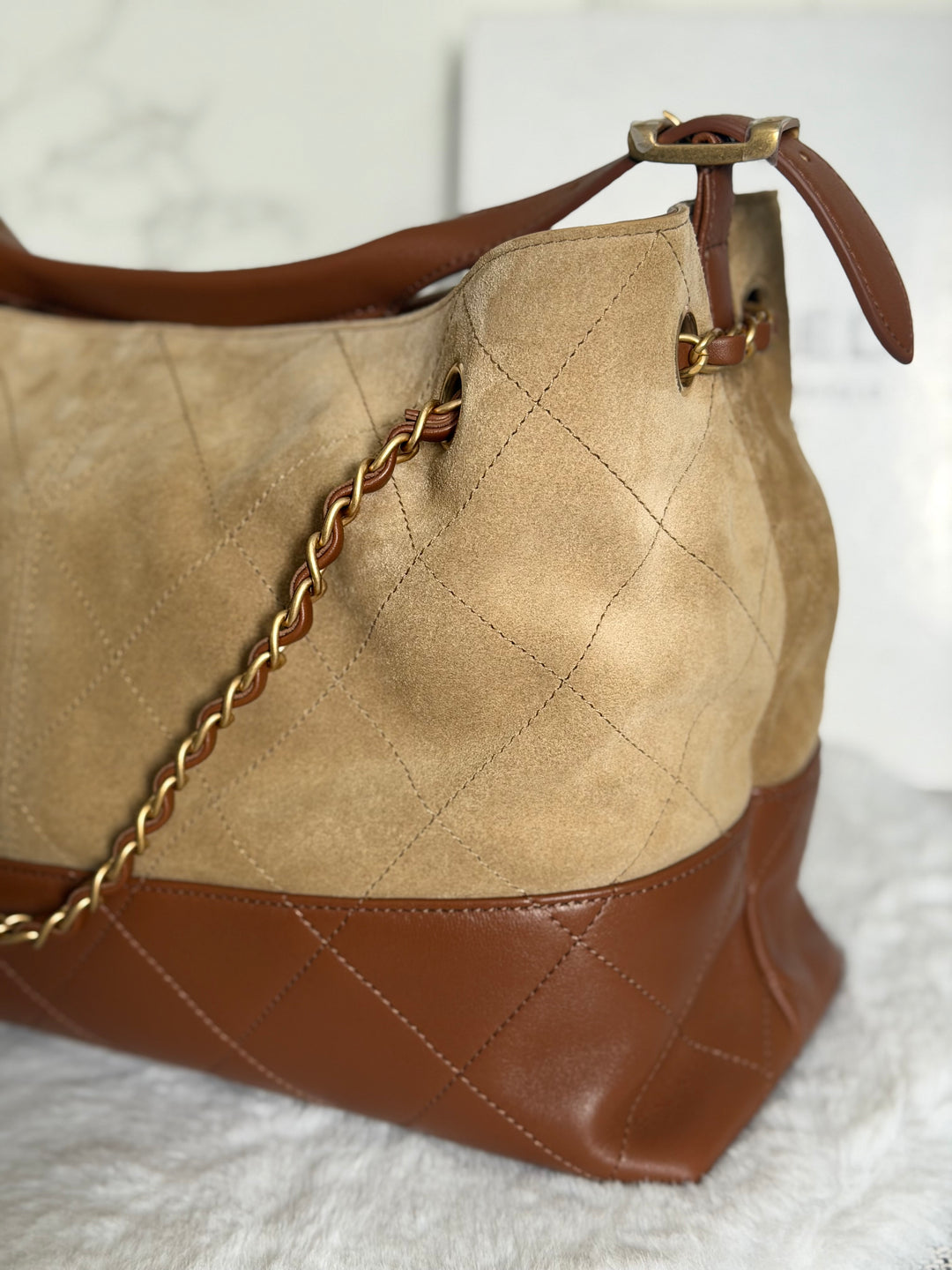 CHANEL 26S Beige Suede and Brown Leather Shopping Tote Bag 2026 size Small