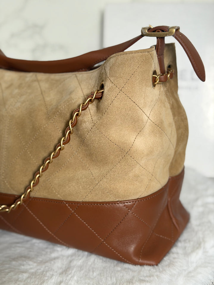 CHANEL 26S Beige Suede and Brown Leather Shopping Tote Bag 2026 size Small