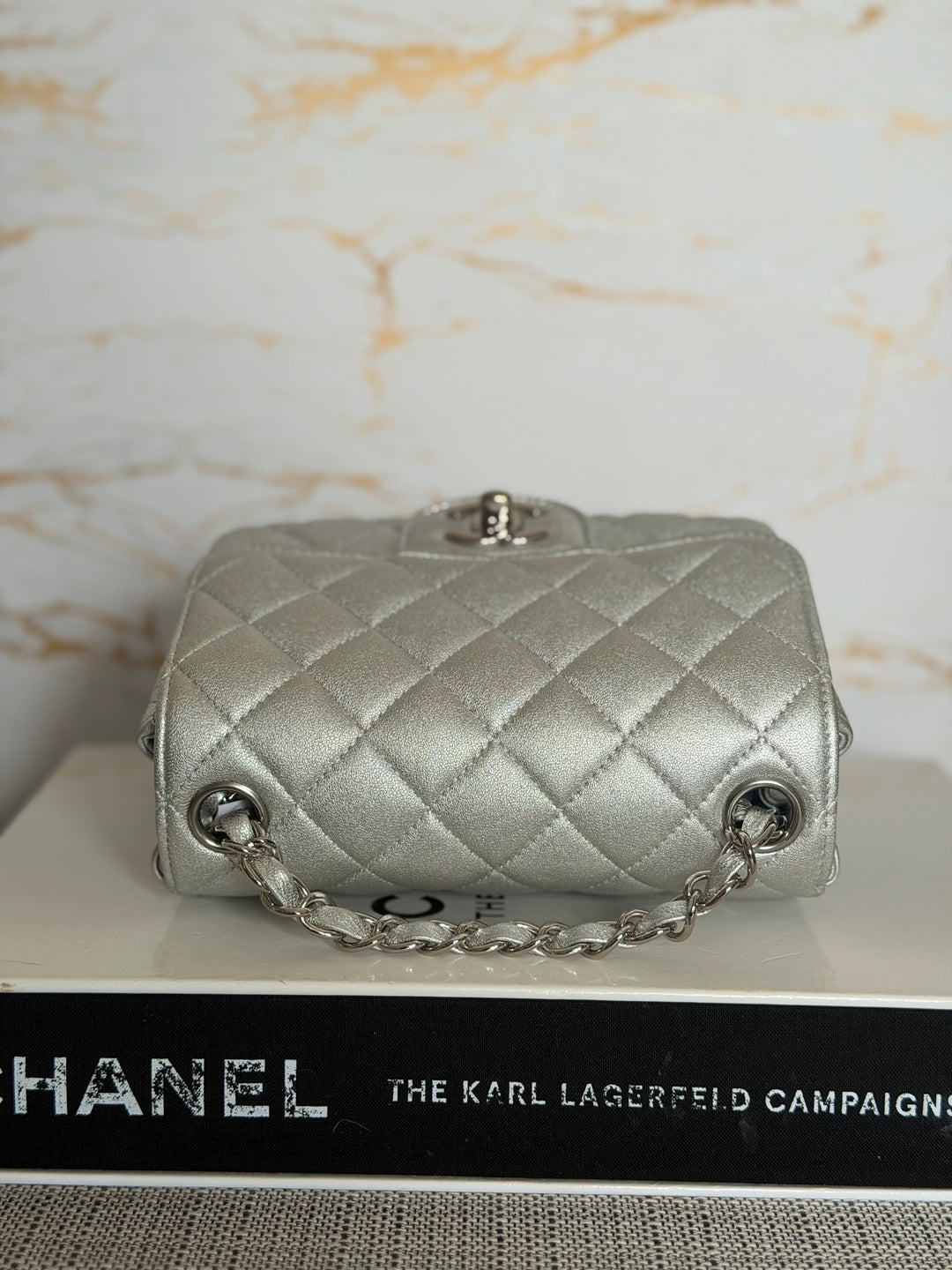 CHANEL Metallic Silver Lambskin SHW Square Mini Flap Bag 2021 21P collection series 31