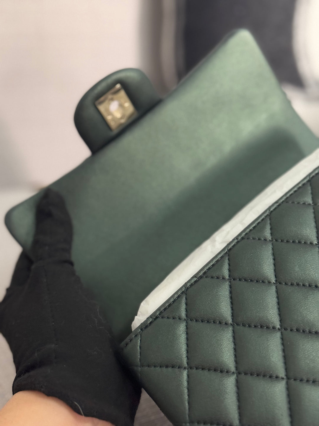 Chanel Iridescent Dark Green Lambskin Mini Rectangular Flap Bag with Top Handle and Champagne GHW