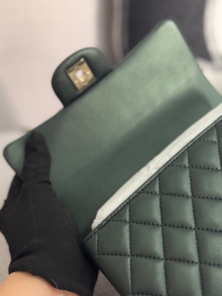 Chanel Iridescent Dark Green Lambskin Mini Rectangular Flap Bag with Top Handle and Champagne GHW