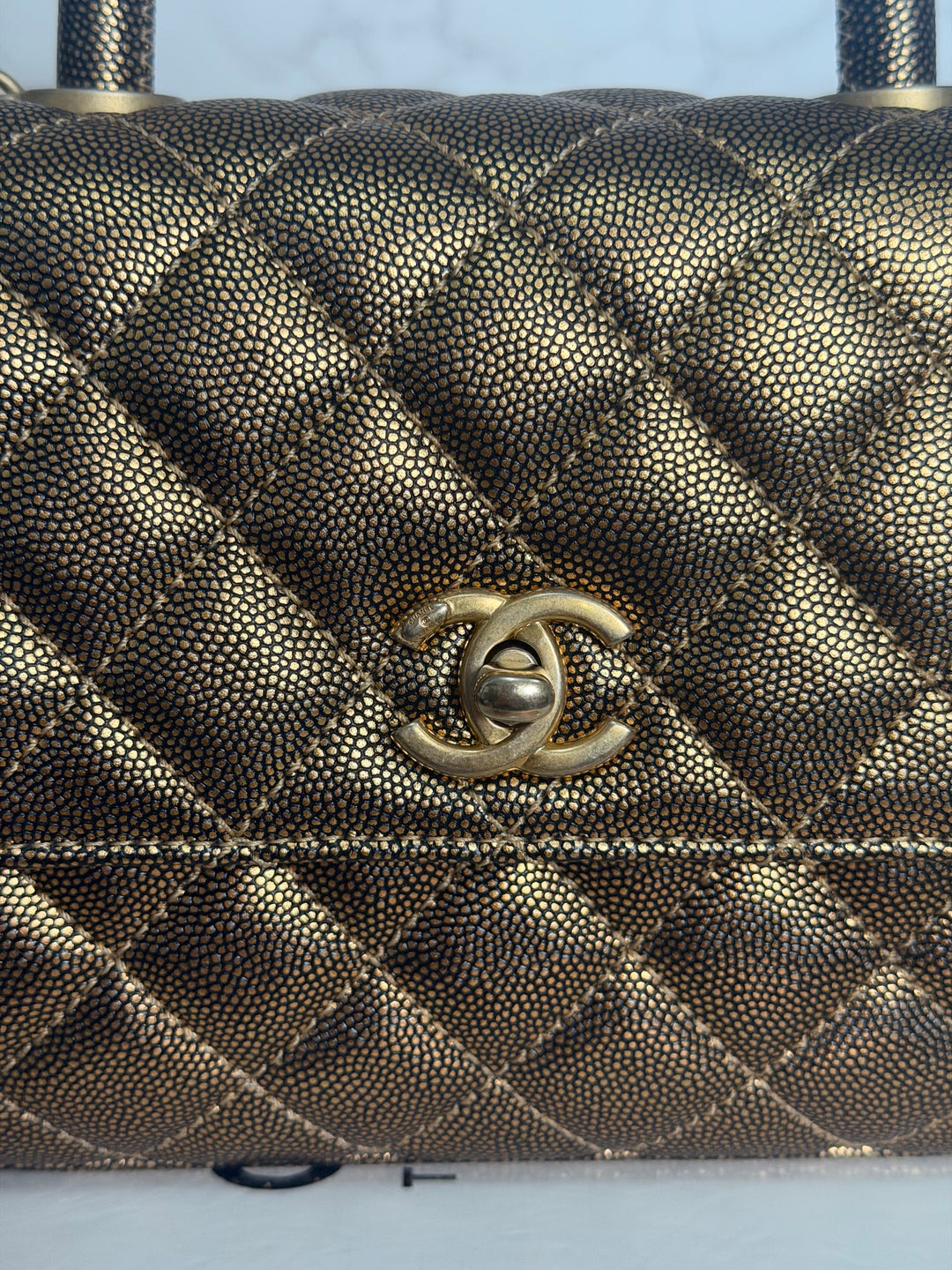 CHANEL series 28 19A Metallic Bronze Gold Caviar Aged GHW Coco Handle Flap Bag size SMALL with detachable shoulder strap 2019