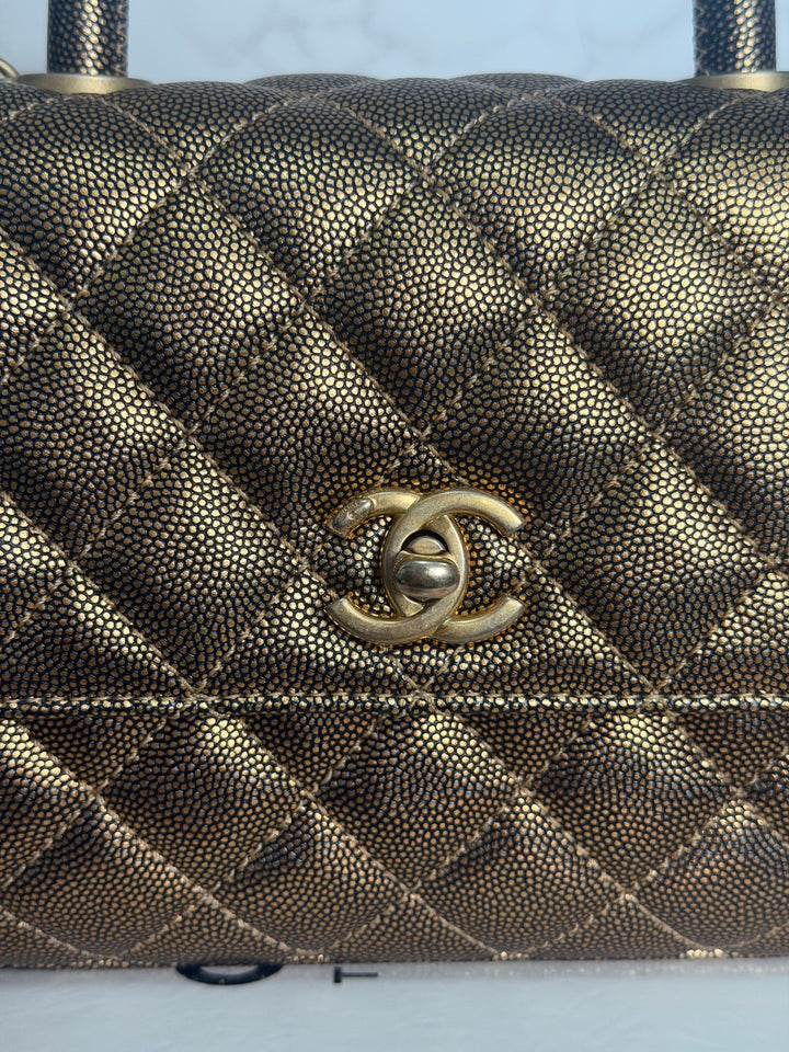 CHANEL series 28 19A Metallic Bronze Gold Caviar Aged GHW Coco Handle Flap Bag size SMALL with detachable shoulder strap 2019